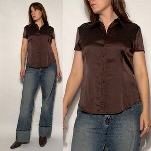 Vintage Y2K Brown Real Silk Button Down Top -- Medium to Large